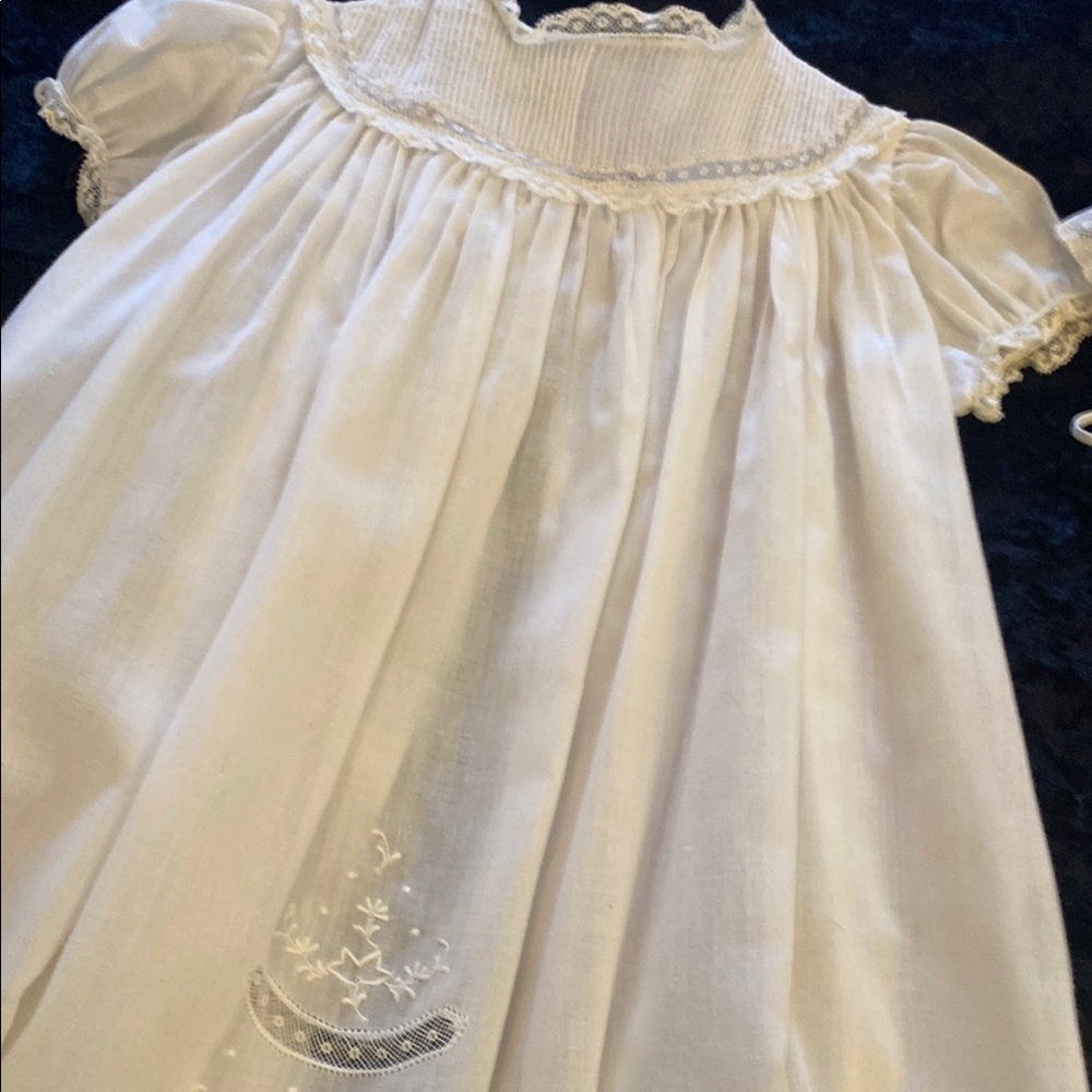 Elegant White Christening dress, under slip and bonnet.